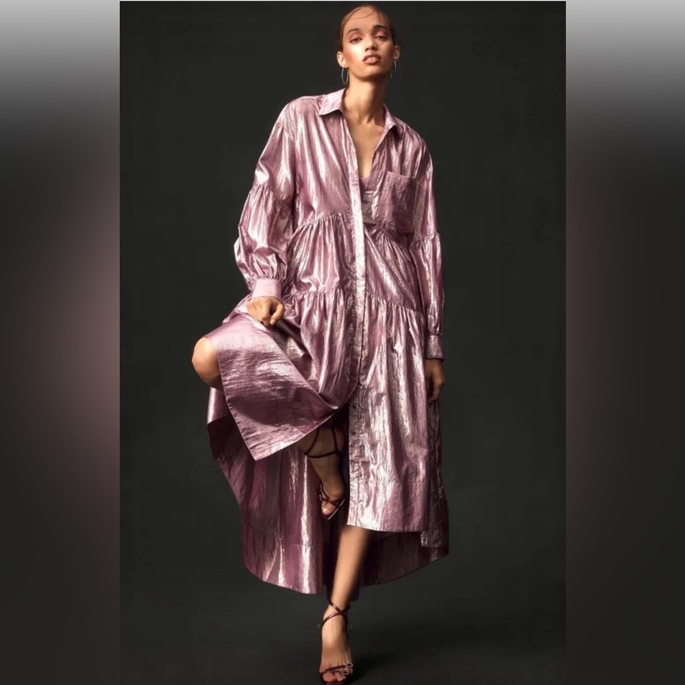 NWT Anthropologie Pilcro Long Sleeve V-Neck Metallic High-Low Dress in L